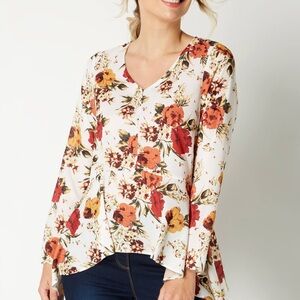Eden & Olivia Cream and Red Asymmetrical Cuffed Sleeve Blouse
